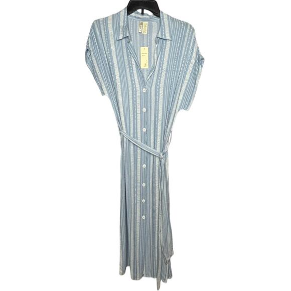 Japna Dresses & Skirts - Japna Blue & White Belted Short Sleeve Striped Casual Dress Size Medium New